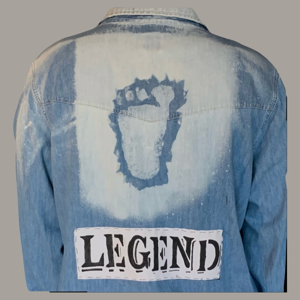 Upcycled Denim bleached Bigfoot or Sasquatch footprint button down shirt. - Picture 2 of 14
